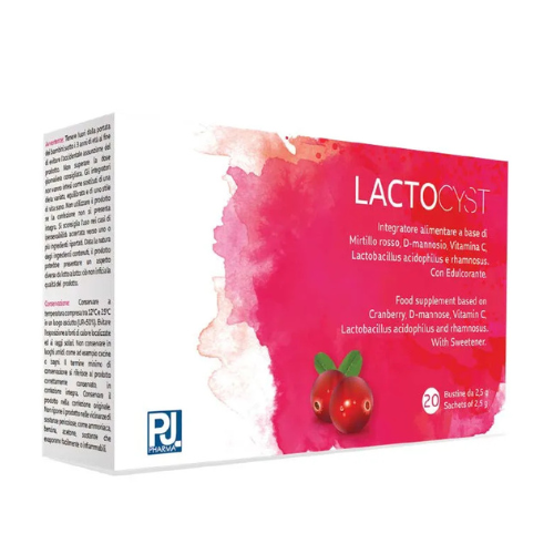 Confezione di Lactocyst, integratore per il benessere delle vie urinarie con probiotici, D-Mannosio e Cranberry.
